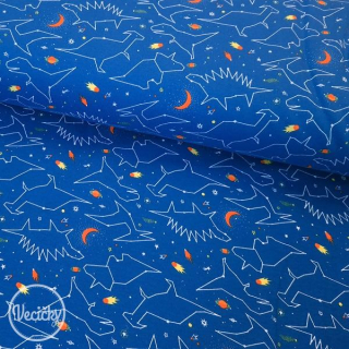 POČESANÁ TEPLÁKOVINA - soft organická - DINO IN SPACE - BLUE - zbytok 50 cm